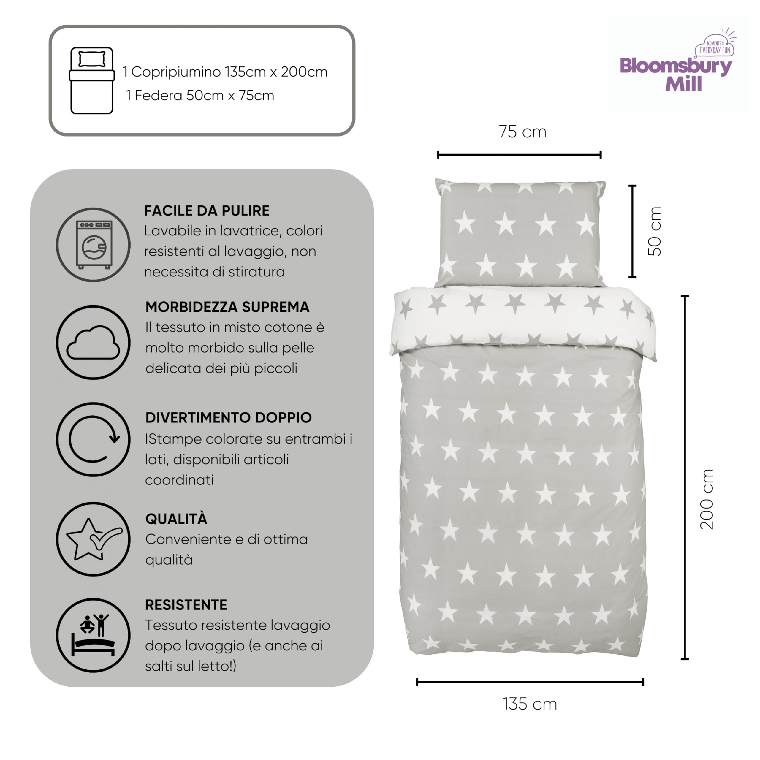 Bloomsbury Mill - Set Copripiumino Singolo Bambino e Bambina - Grigio & Bianco Stelle - Lenzuola Letto Singolo Reversibile - Set di Biancheria da Letto per Bambini - 135x200cm e Federe