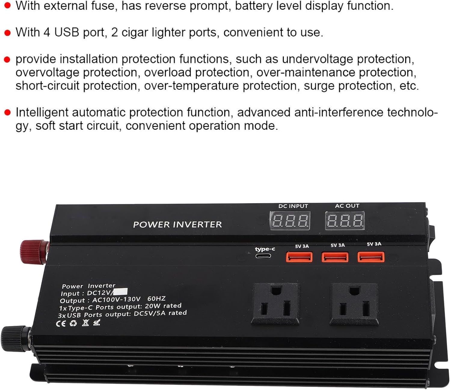 12V to 120V Power Inverter 700W Continuous / 4000W Peak, Car Inverter with LCD Display and USB Ports for Small Electronics(Not for High-Power Appliances)