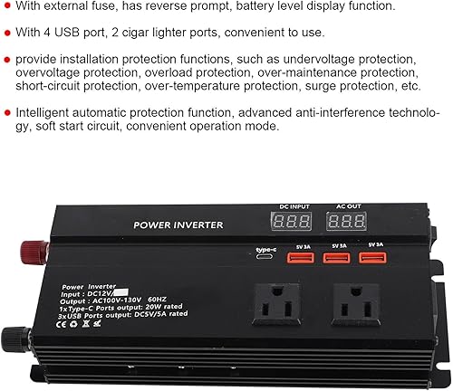 Miniatura 2 de Inversor de corriente para automóvil 4000 W, 12 V a 110 V, convertidor de corriente para automóvil con pantalla LCD y puerto USB