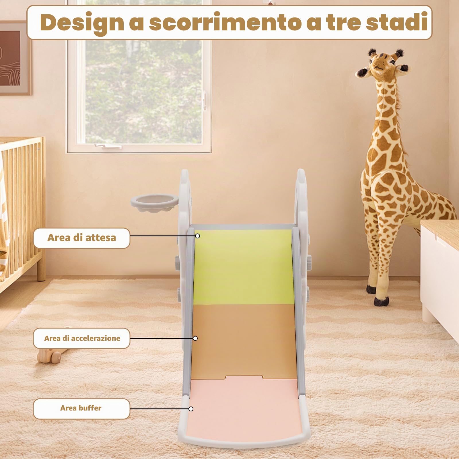 Scivolo per bambini, scivolo pieghevole con piccolo cestino da basket, scivolo da giardino, lunghezza 105 cm, grigio