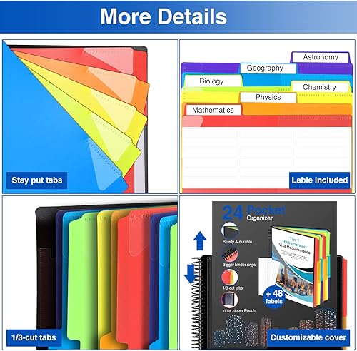 Vista 26 de Forvencer 24 Pocket Project Organizer, 1/3-cut Tab Binder Organizer with Sticky Labels, Multi Pocket Folder with Zipper Pouch, Folder Binder Spiral