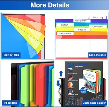 Forvencer 24 Pocket Project Organizer, 1/3-cut Tab Binder Organizer with Sticky Labels, Multi Pocket Folder with Zipper Pouch, Folder Binder Spiral Pocket Notebook, Office Supplies