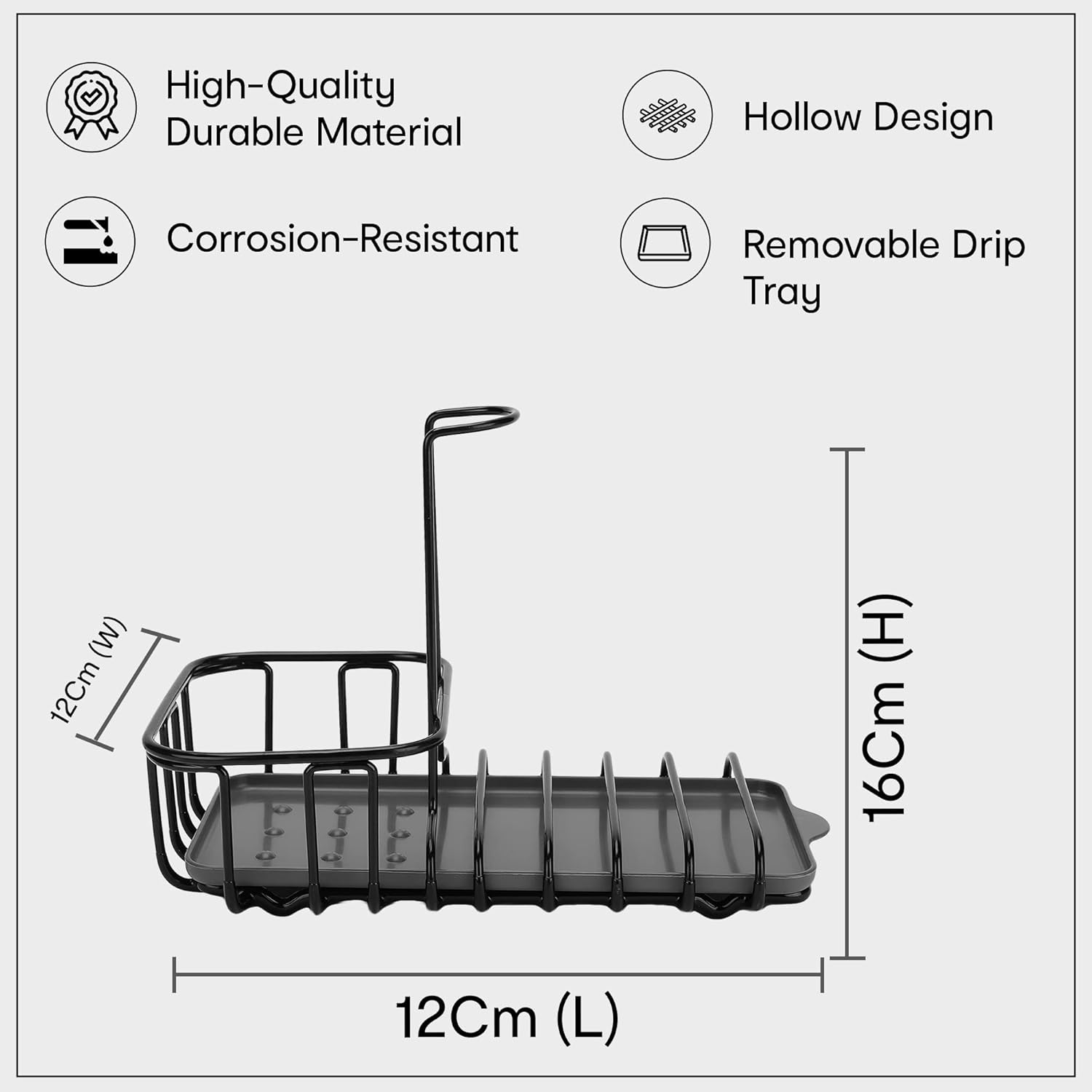 Powder-Coated Iron Wire Sink Tidy Cleaning Supplies Organizer With Polypropylene Tray For Kitchen | Rustproof, Corrosion-Resistant | Black | 22 Cm (L) X 16 Cm (H) X 12 Cm (W) (1 Pc)