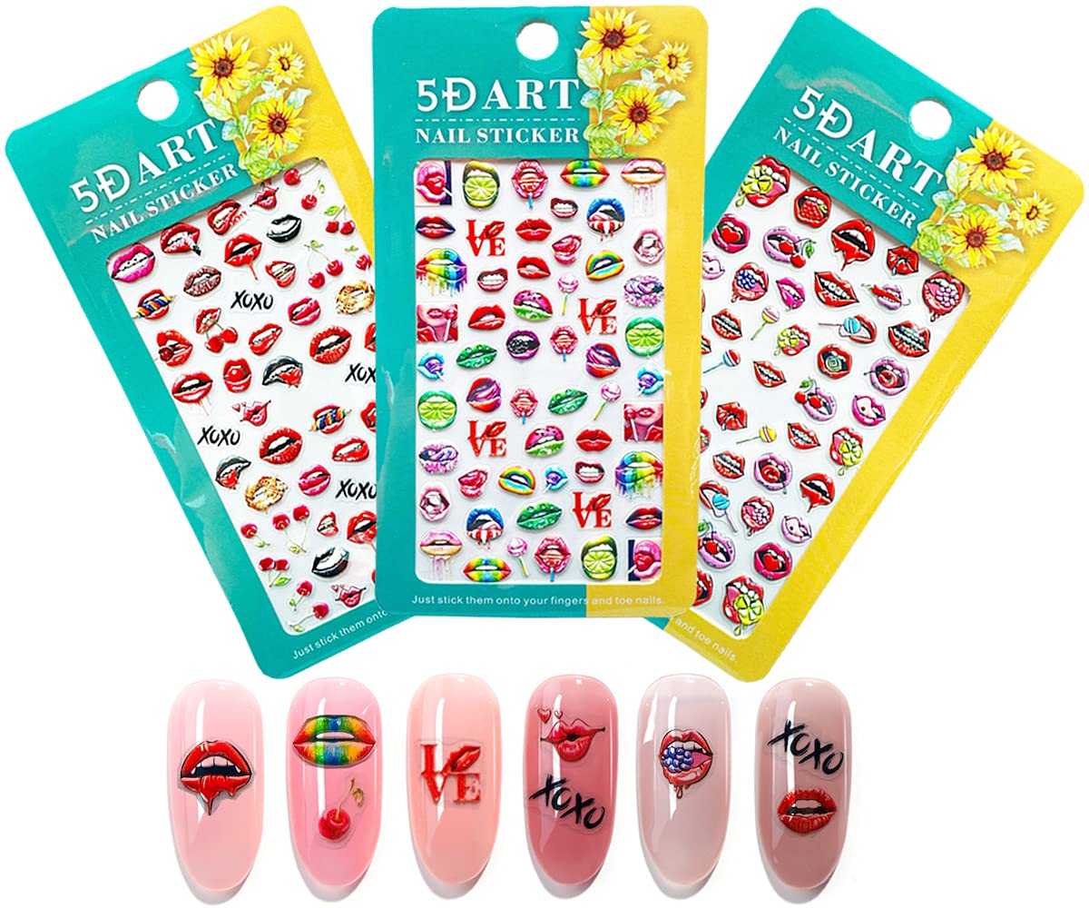 Amazon.com: Sexy Lips Nail Art Stickers Decals Valentine Nail Supplies 5D  Stereoscopic Embossed Day of the Dead Red Love Punk Lips Cherry Sweet Nail  Design Self-Adhesive Charms Nail Decoration for Acrylic Nail