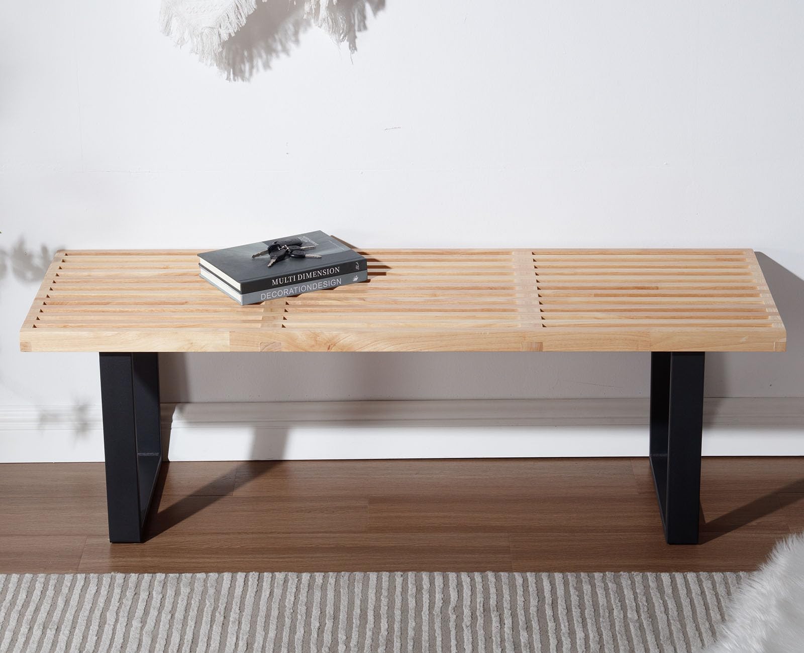 ZSARTS Wood Entryway Bench, 55 Inch Modern Natural Dining Bench Wooden Rectangle Bedside Bench with Black Metal Leg for Bedroom Kitchen Living Room Hallway, Natural