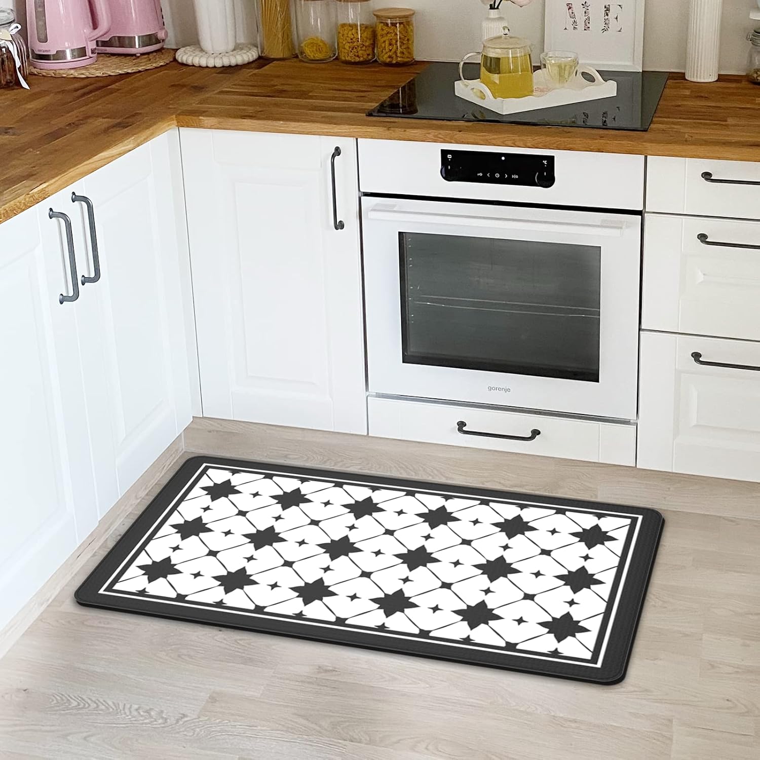 Artnice Black and White Kitchen Mat One Piece, Modern Geometric Criss Cross Pattern Kitchen