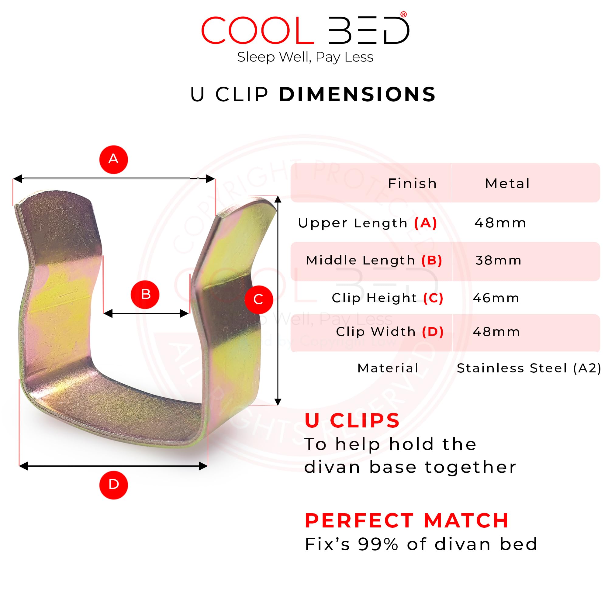 COOL BED 2 x Metall-U-Clips zum Verbinden von Diwan-Bettgestellen oder Ottoman-Bettgestellen (2 x Metall-U-Clips)