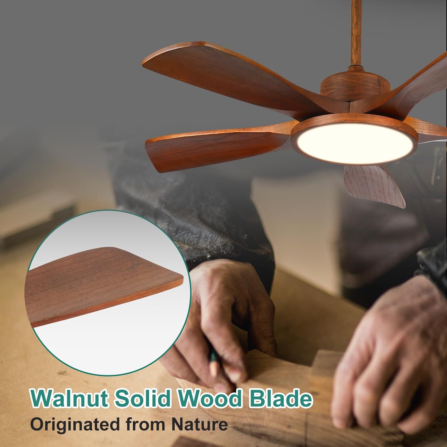 52 Inch Wood Ceiling Fan with Lights and Remote Control 5 Solid Wooden Blades Modern Farmhouse Outdoor Ceiling Fan for Patios Living Room FCC Reversible DC Motor