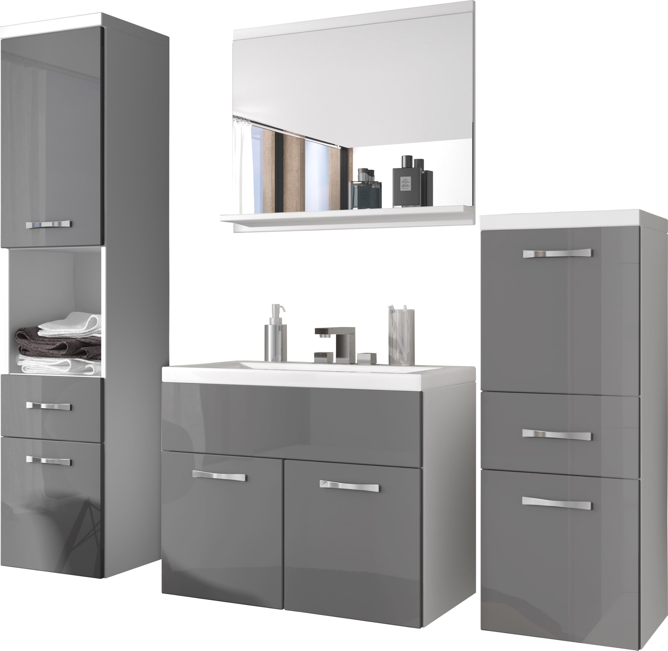 MINIO go for it - Badezimmer möbel ALO, 4-Teilig Badmöbel Set mit Spiegel | 1x Badezimmer Spiegel mit Ablage, 1x Waschtisch Mit Unterschrank, 2x Badezimmerschrank, Weiß Matt / Grau Hochglanz