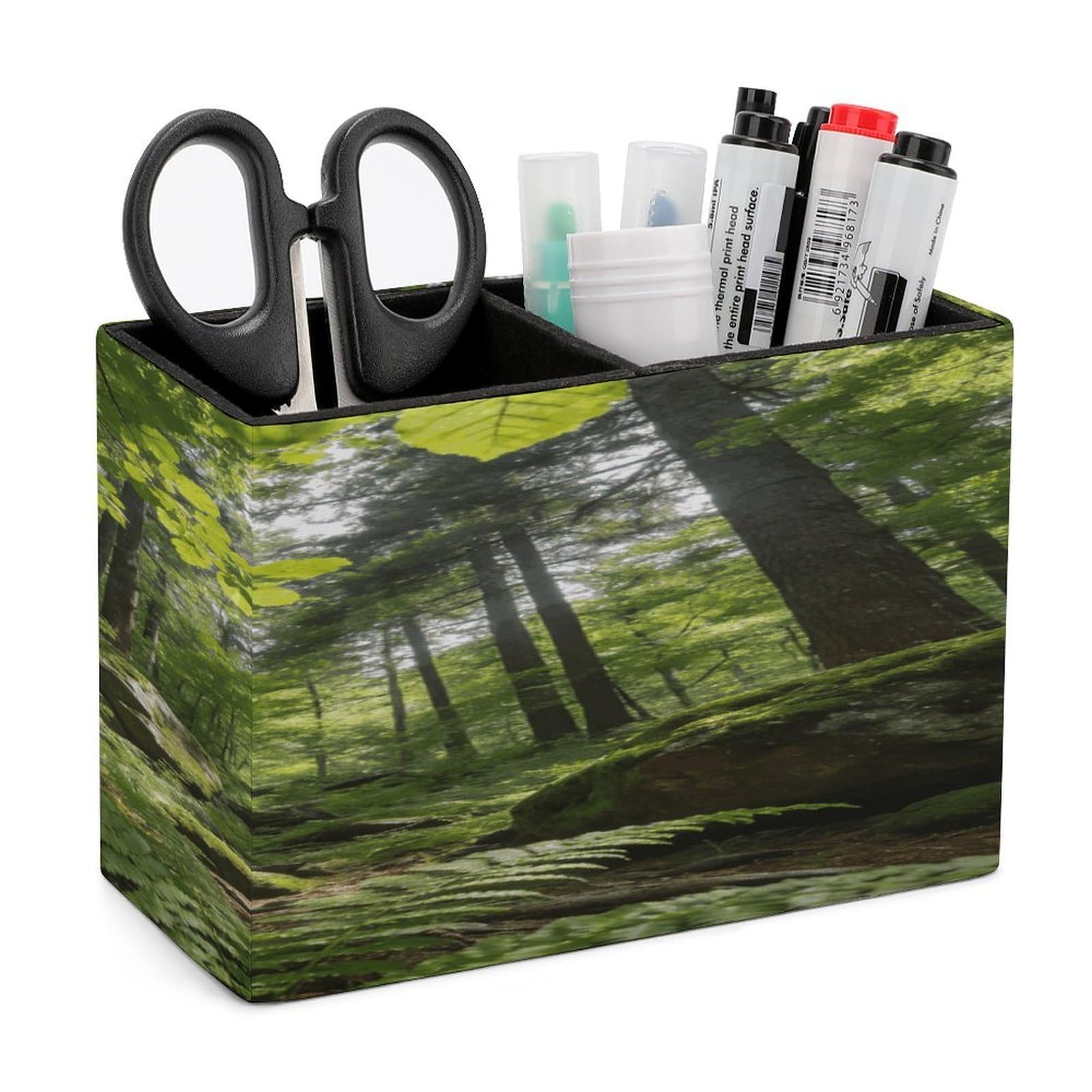 LZQPOEAS Forest Pen Holder Double Compartments Pen Cup Makeup Brush Holders Leather Pencil Holder Locker Organizer for Work Locker Accessories Modern Pencil Cup for Desk