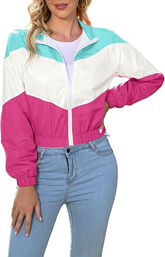 Chaqueta deportiva para mujer, ligera, rompevientos, con cremallera, diseño en bloques de color, casual, de manga larga, para jogging, exterior