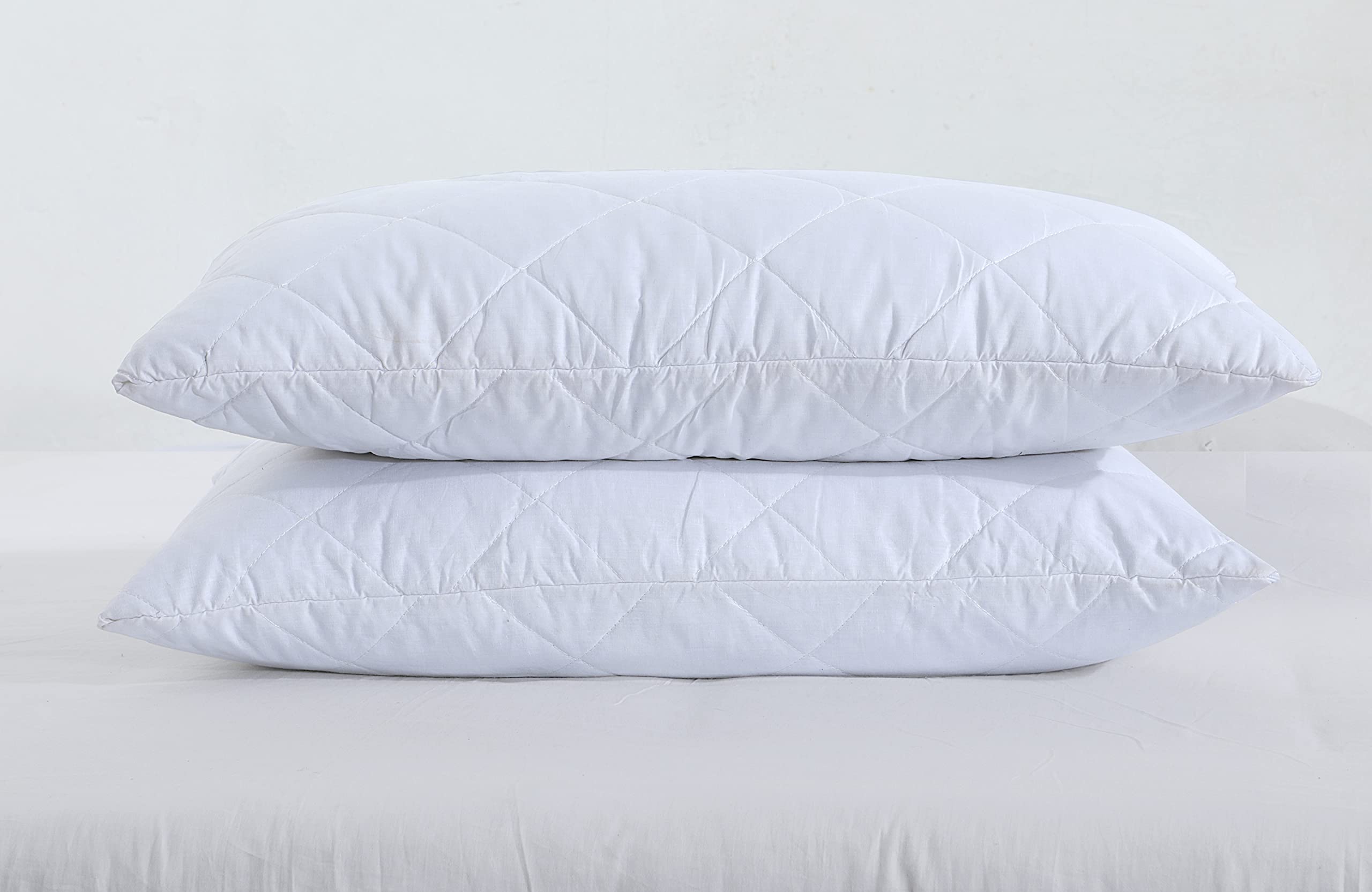 Poly Cotton Pair of Pillow Protectors- Pack of 2 Zipped Quilted Pillow Protectors-Hypoallergenic & Anti-Bacterial Pillow Case Protector-Quilted Pillowcases-Soft Enclosure White 48x74Cm