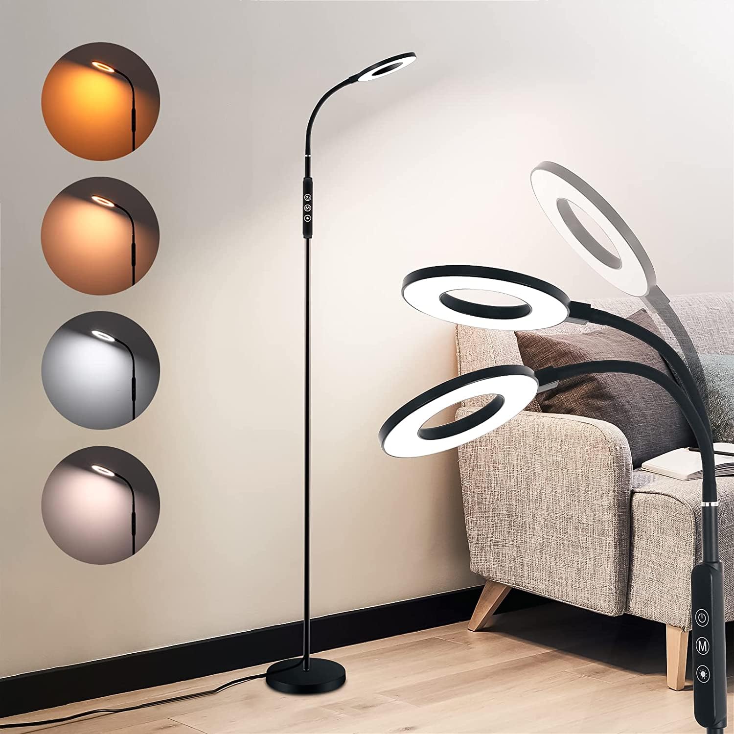Lámpara de Pie LED 12W con Cuello Cisne Flexible 360°, Forma Aro de luz 6 pulgadas, 4 Temperatura de Color, 6 Niveles de Brillo, Temporizador, Memoria De Configuración, Lampara para Sala o Dormitorio