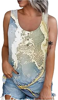 BFTHWY Casual Camisole Festival Sleeveless Work Elasti Camisoles Round Neck Printing Buttons Baggy Shirt