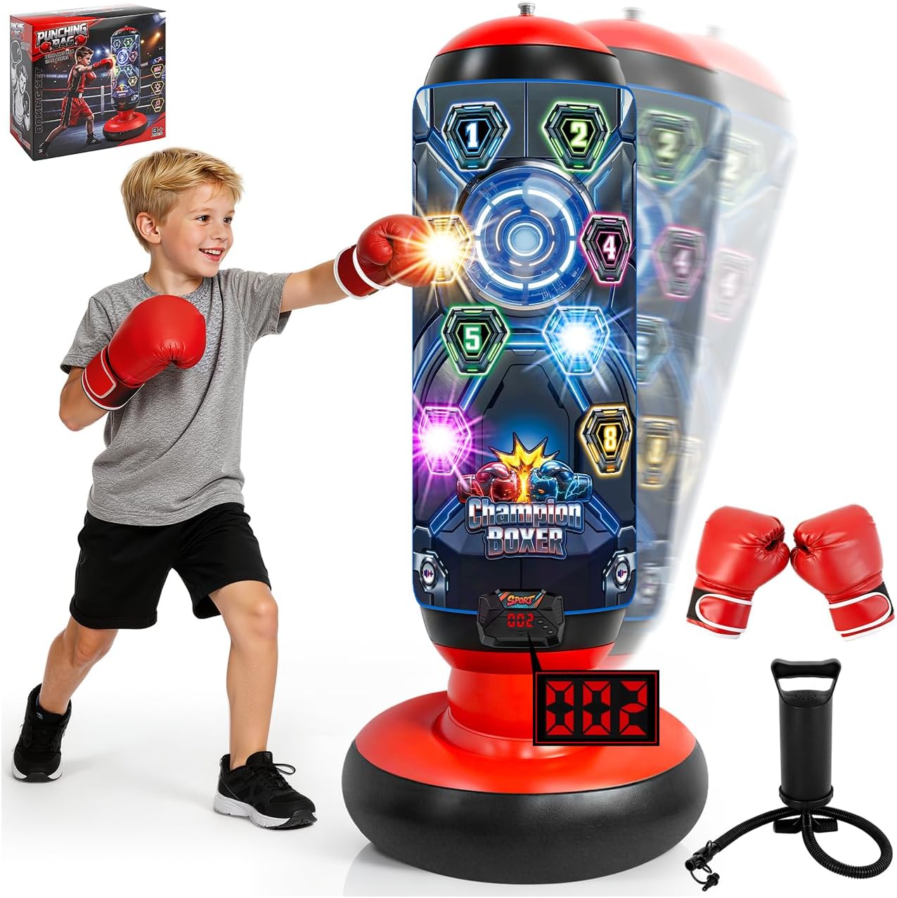 Kids Punching Bag with Gloves, Inflatable Boxing Set with Scoring, Lights & Music, 4 Game Modes, Freestanding Electronic Boxing Bag, Interactive Training Set Birthday Gift for Boys Girls Ages 4-12