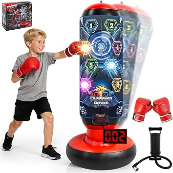 Kids Punching Bag with Gloves, Inflatable Boxing Set with Scoring, Lights & Music, 4 Game Modes, Freestanding Electronic Boxing Bag, Interactive Training Set Birthday Gift for Boys Girls Ages 4-12