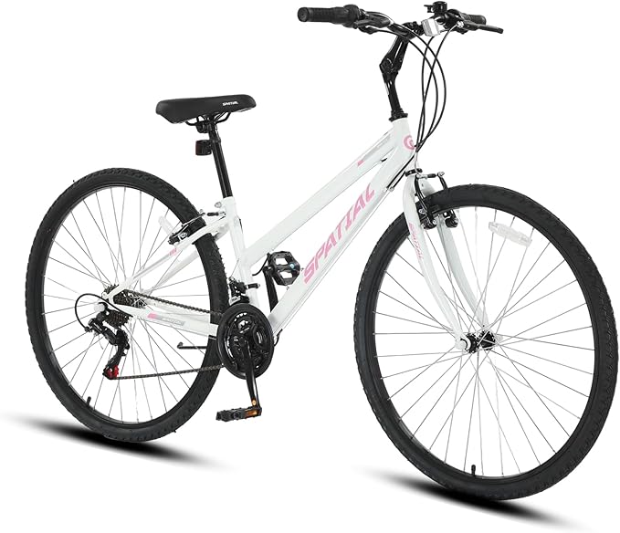 SPATIAL Hybrid Bike, 700C Wheel Road Bike for Women 21-Speed Lightweight Step Through High Tensile Steel Frame City Commuter Comfort Lady Bicycle, Vintage Retro