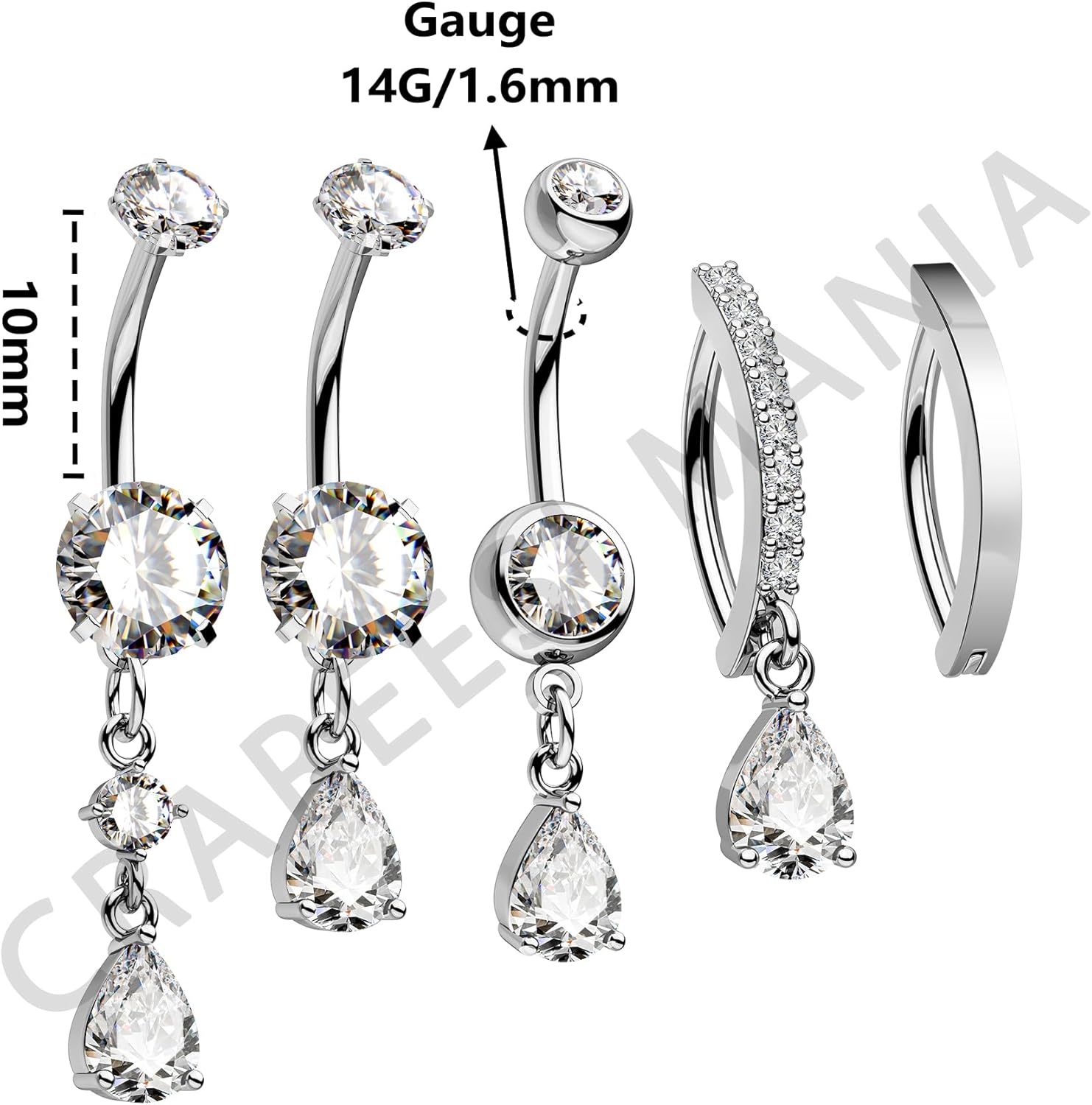 CM Crareesi Mania Dangle Belly Rings Pack 316L Stainless Steel Belly Piercing Jewelry 14G Belly Clicker Piercing 5PCS Dangly Navel Ring for Women - Image 3