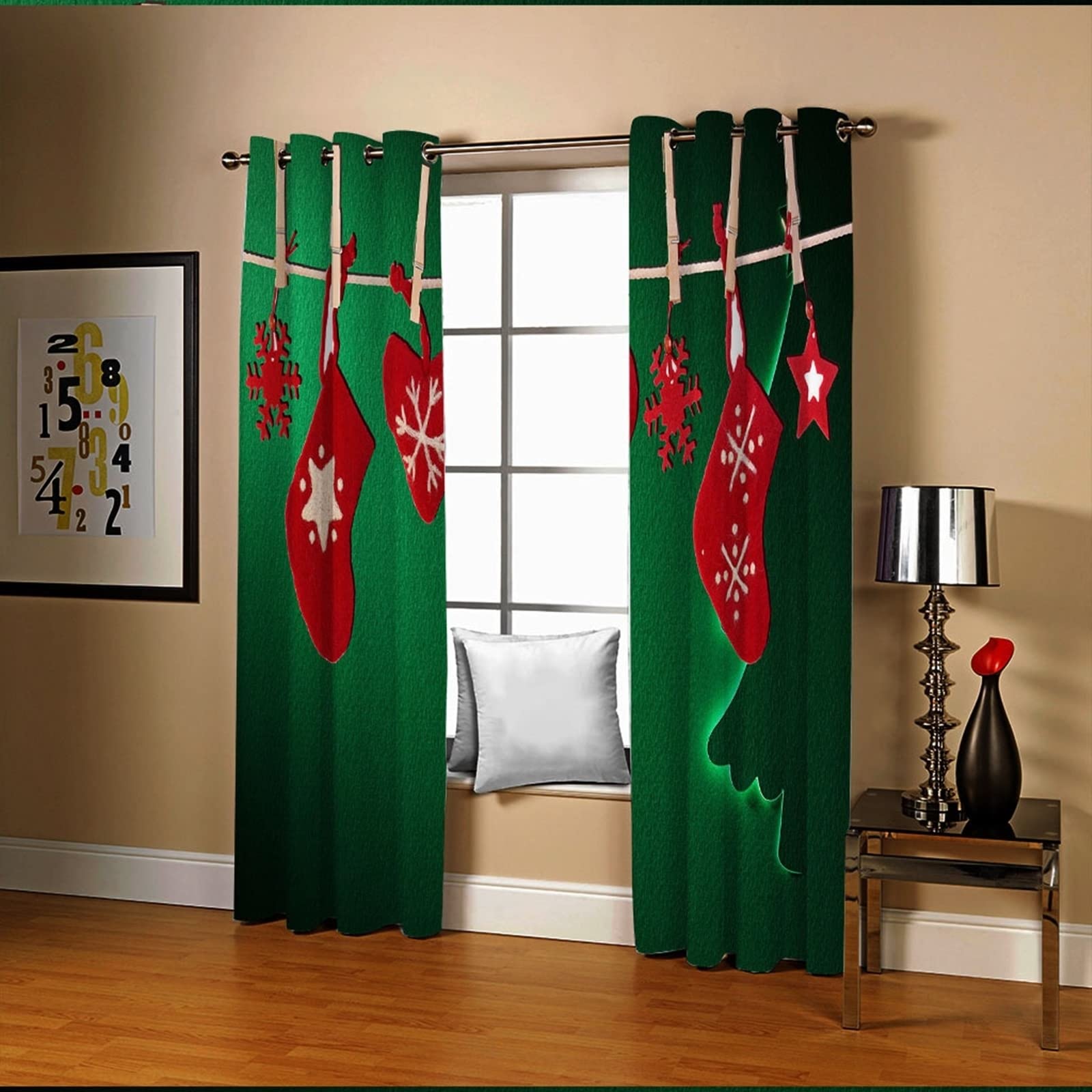 Amdxd Darkening Curtains for Living Room Green Red Christmas Stocking Snowflakes Stars， Polyester Kitchen Blackout Curtains 104x84 IN