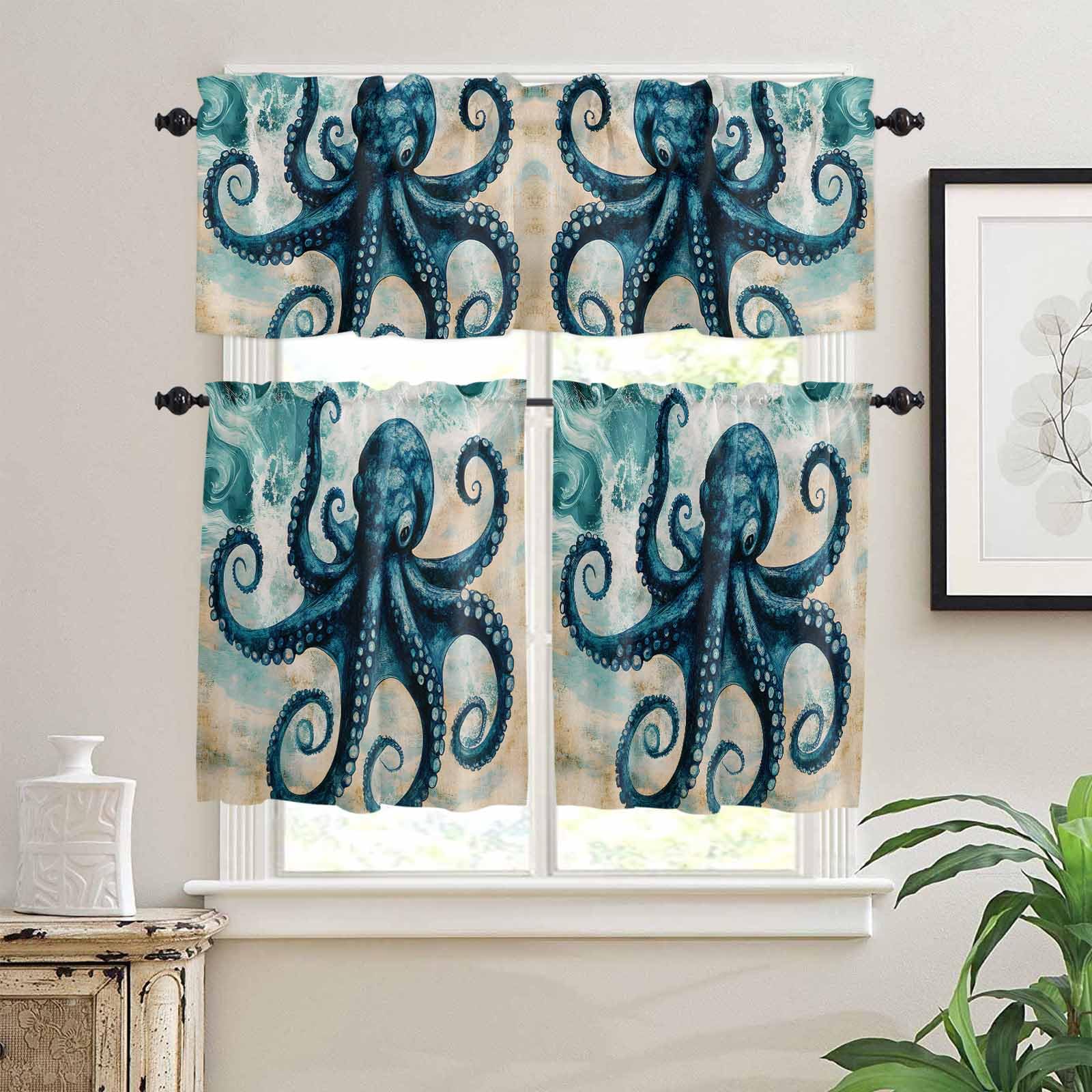Teal Blue Octopus Kitchen Curtains 36 Inch Length, 3 Piece Rod Pocket Small Half Tiers and Valance Set, Summer Coastal Beach Wave Small Large Window Treatment Decor for Bedroom/Bathroom Sink