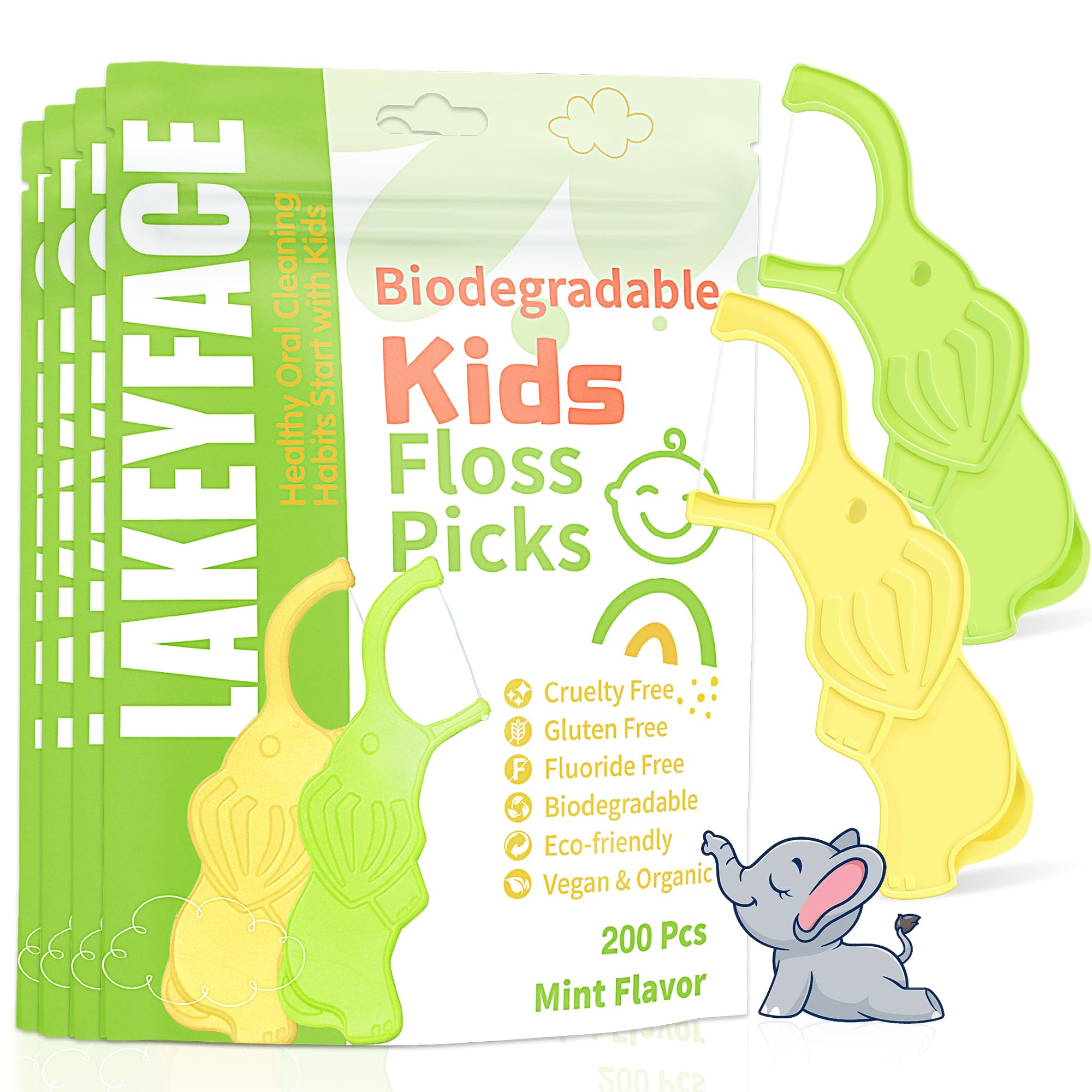 Lakeyface Hilo dental biodegradable para niños, lindos palillos de hilo dental de elefante, sin flúor, sin BPA, ecológicos, sabor a menta, 2 colores, 50 unidades (paquete de 4)