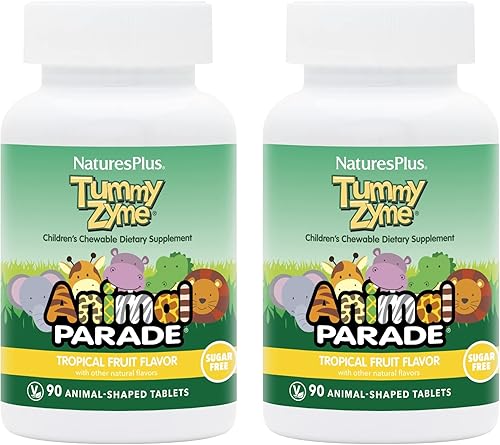 NaturesPlus Animal Parade Tummy Zyme, sabor a frutas tropicales, 90 tabletas masticables en forma de animal, paquete de 2, ayuda digestiva y