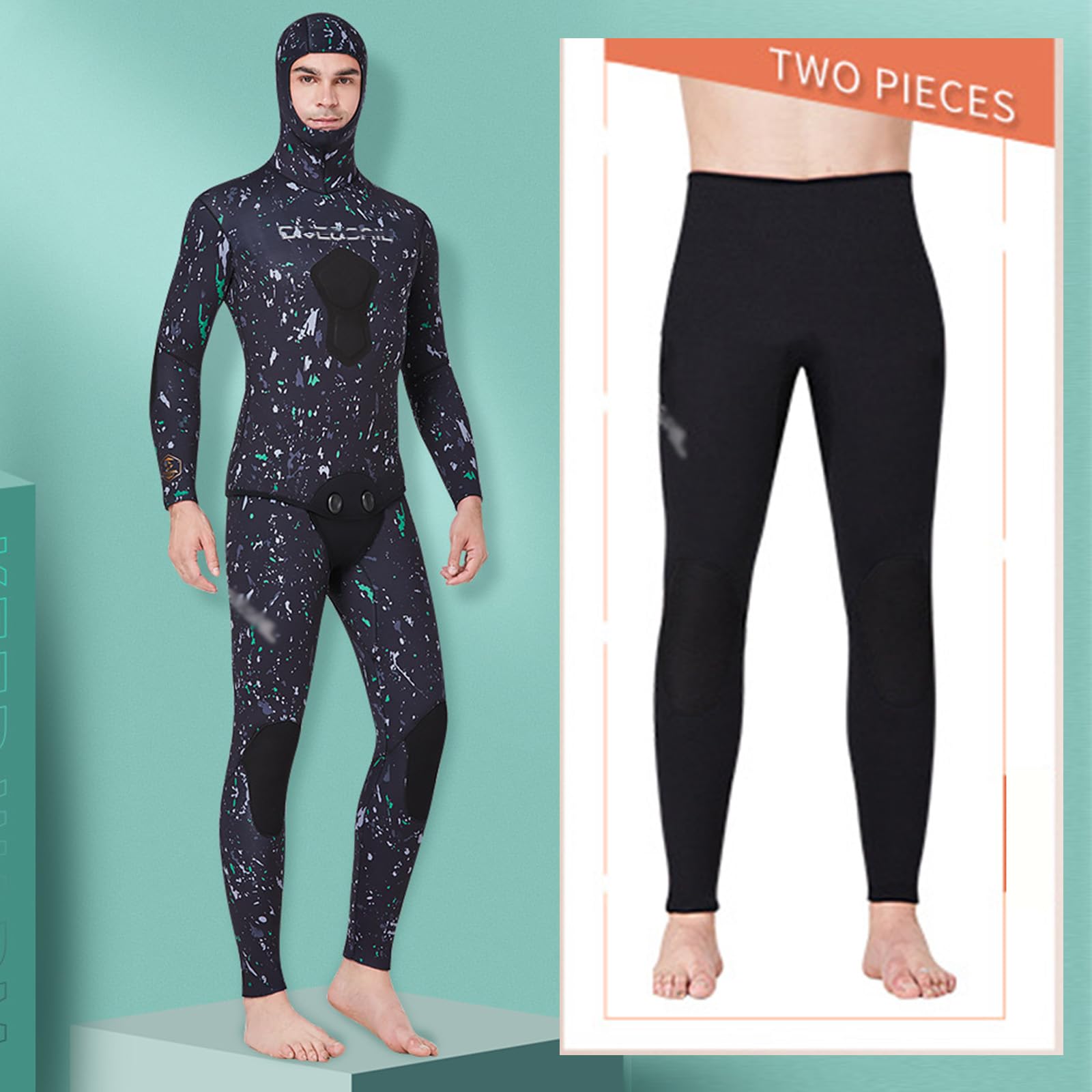 VLOBAOM Spearfishing Wetsuit with Hooded, 3mm/5mm/7mm Neoprene Two-Piece Diving Suit Full Body Wet Suits,3XL, 7mm Black