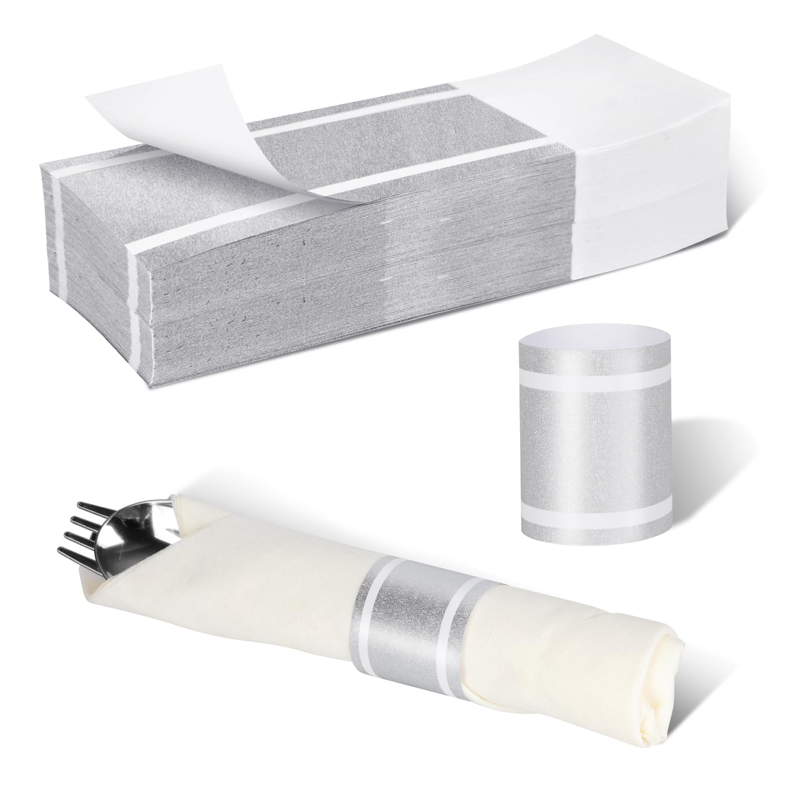 Germiwipe Standard Paper Napkin Band, 100PCS Matte Silver Napkin Ring Self-Adhesive, Silverware Wraps Bands,Table Setup Wedding Event Party Supply (Matte Silver /100pcs)