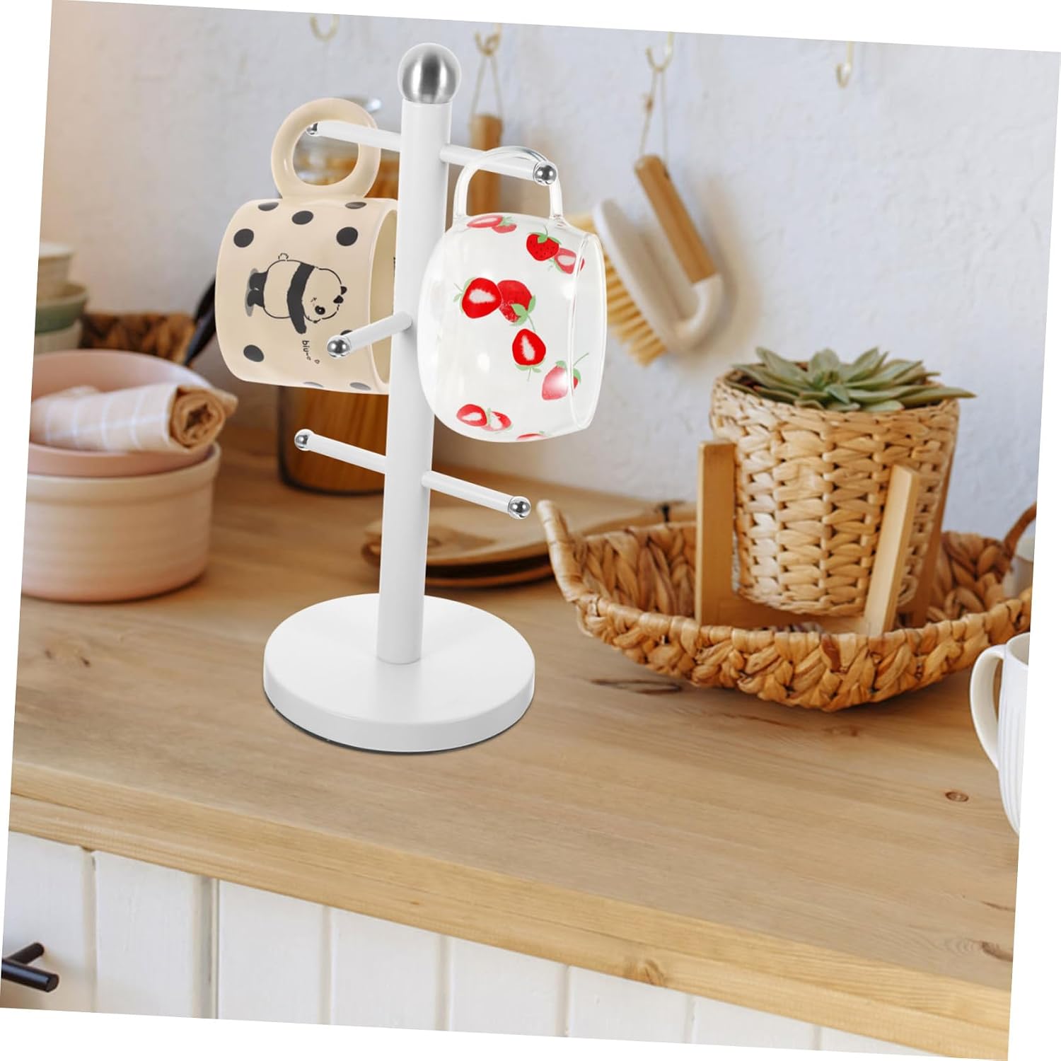 1pc Coffee Mug Holder Tree Stand Cup Storage Rack for Home Kitchen Iron Design for Organizing and Displaying Multiple Mugs Space-saving Milk White Finish