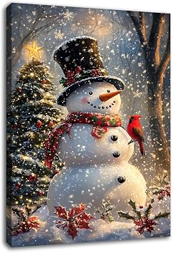 CSWMZQZY Vintage Snowman and Red Bird in Snow Wall Art,Snowman Decor Winter Scene Canvas Wall Print,Merry Christmas Posters Winter Pictures Art Seasonal Decor Christmas Forest Print,12"x18" Framed