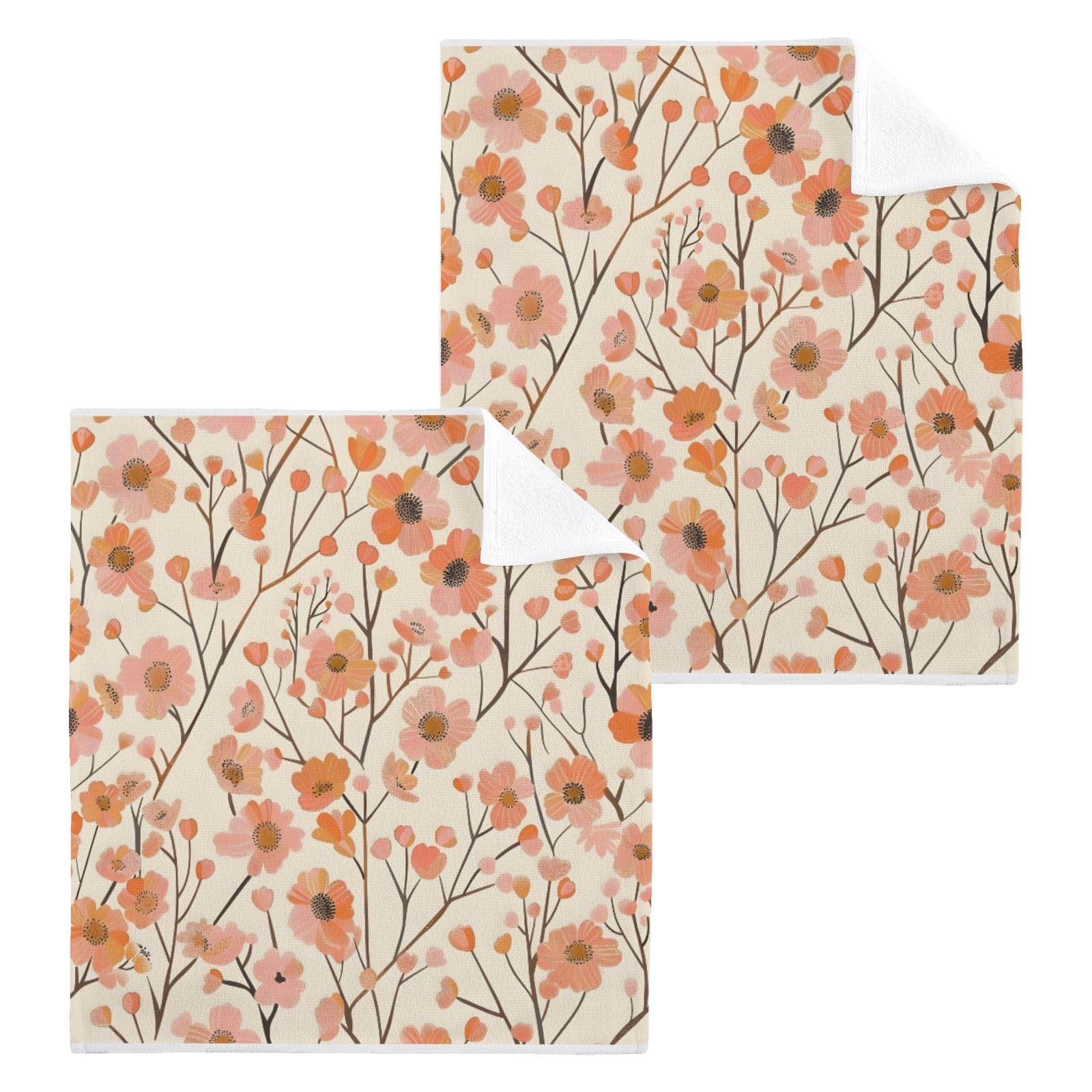 ALAZA Wash Cloth Set 100% Cotton Fingertip Towels Face Cloths Sets Apricot Floral Highly Absorbent Soft Feel Set of 2
