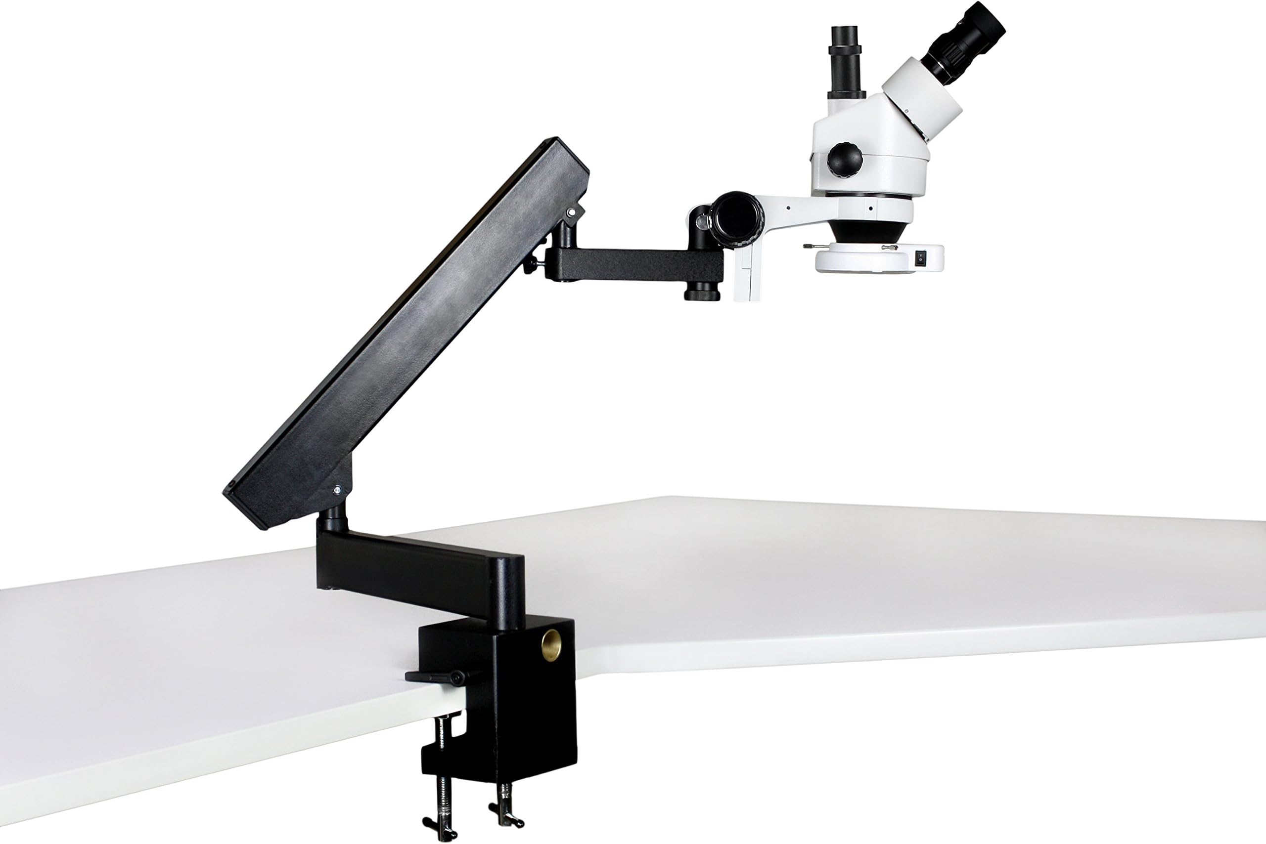 Vision Scientific VS-7F-IFR07 Simul-Focal Trinocular Zoom Stereo Microscope, 10x Widefield Eyepiece, 0.7X—4.5X Zoom Range, 7X—45x Magnification Range, Articulating Arm Clamp Stand, 144-LED Ring Light
