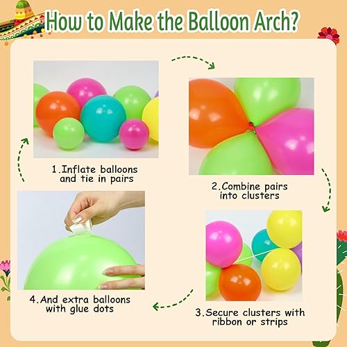 Miniatura 3 de Kit de guirnalda de globos de fiesta mexicana de 176 piezas con globos de aluminio amarillo, rosa intenso, verde lima, verde, naranja, morado, verde