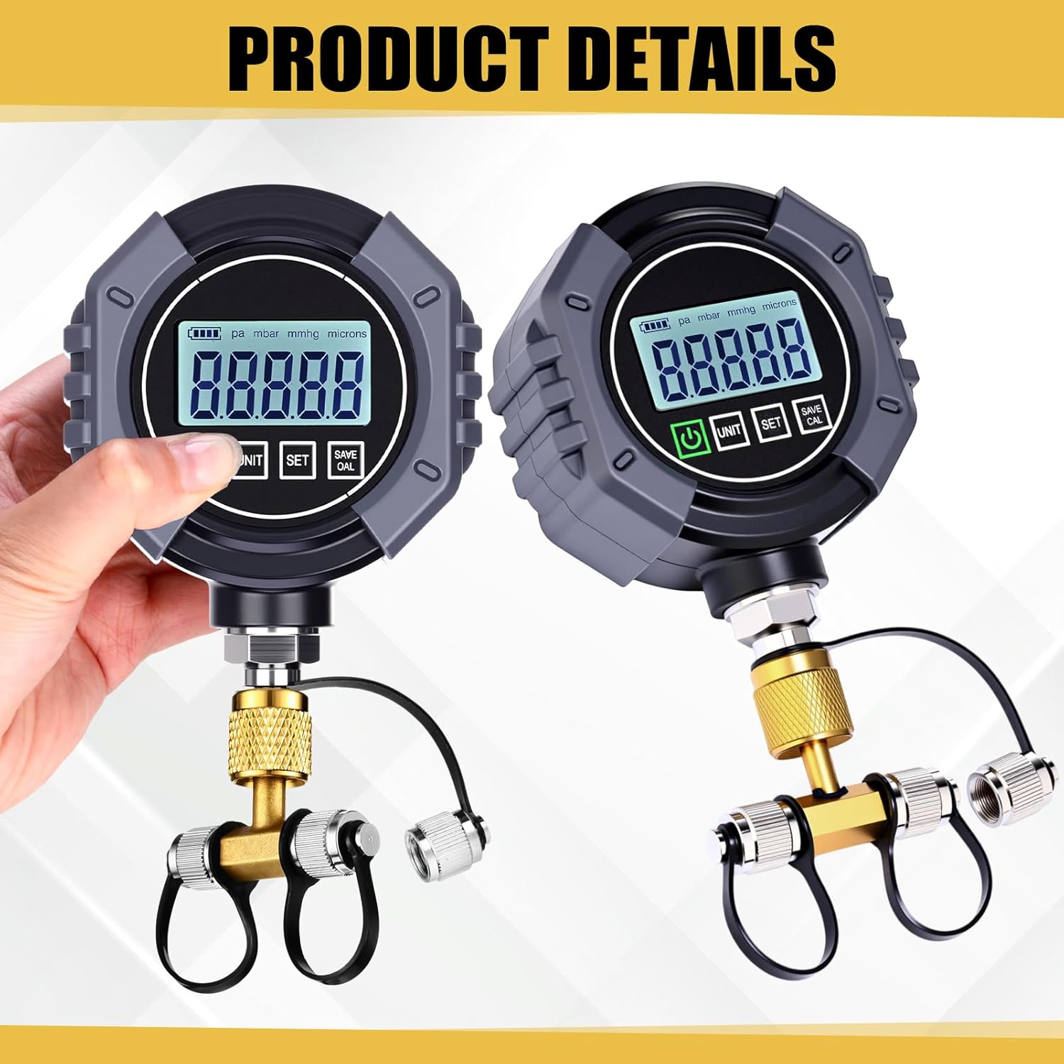 Digital Vacuum Gauge, 0-75000 μm Hg HVAC Vacuum Pressure Meter with 7/16"-20UNF, HVAC Digital Vacuometro Tester Set with Buzzer Alarm, 1/4" SAE Extension Connector Fitting,Brass Adapter