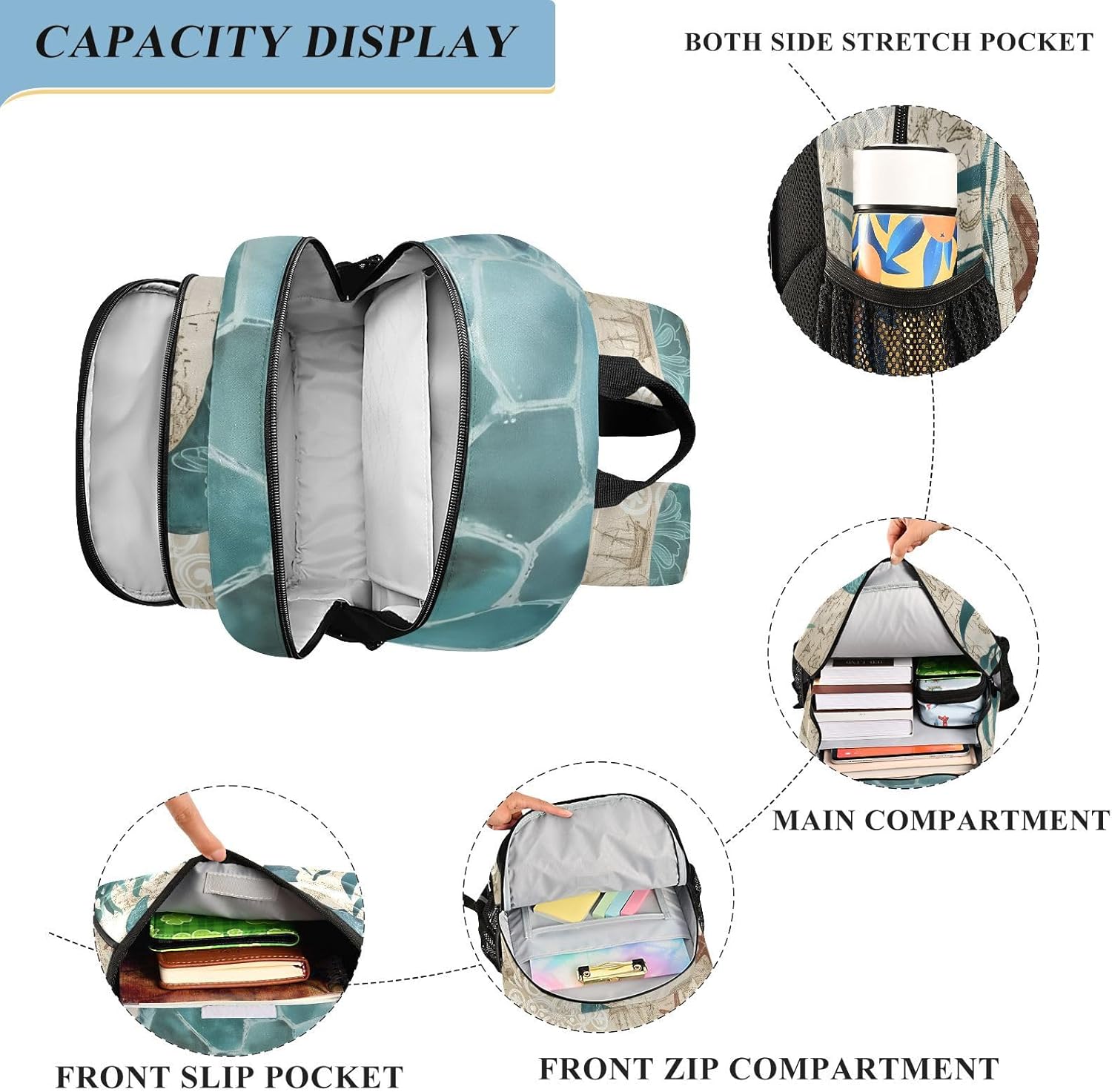 School Backpack Kids College Rucksack Travel Bookbag Fashion Back Pack Girls Boys Seamless Illustration with Bright (Sea Lives Turtle Coral) - Image 4