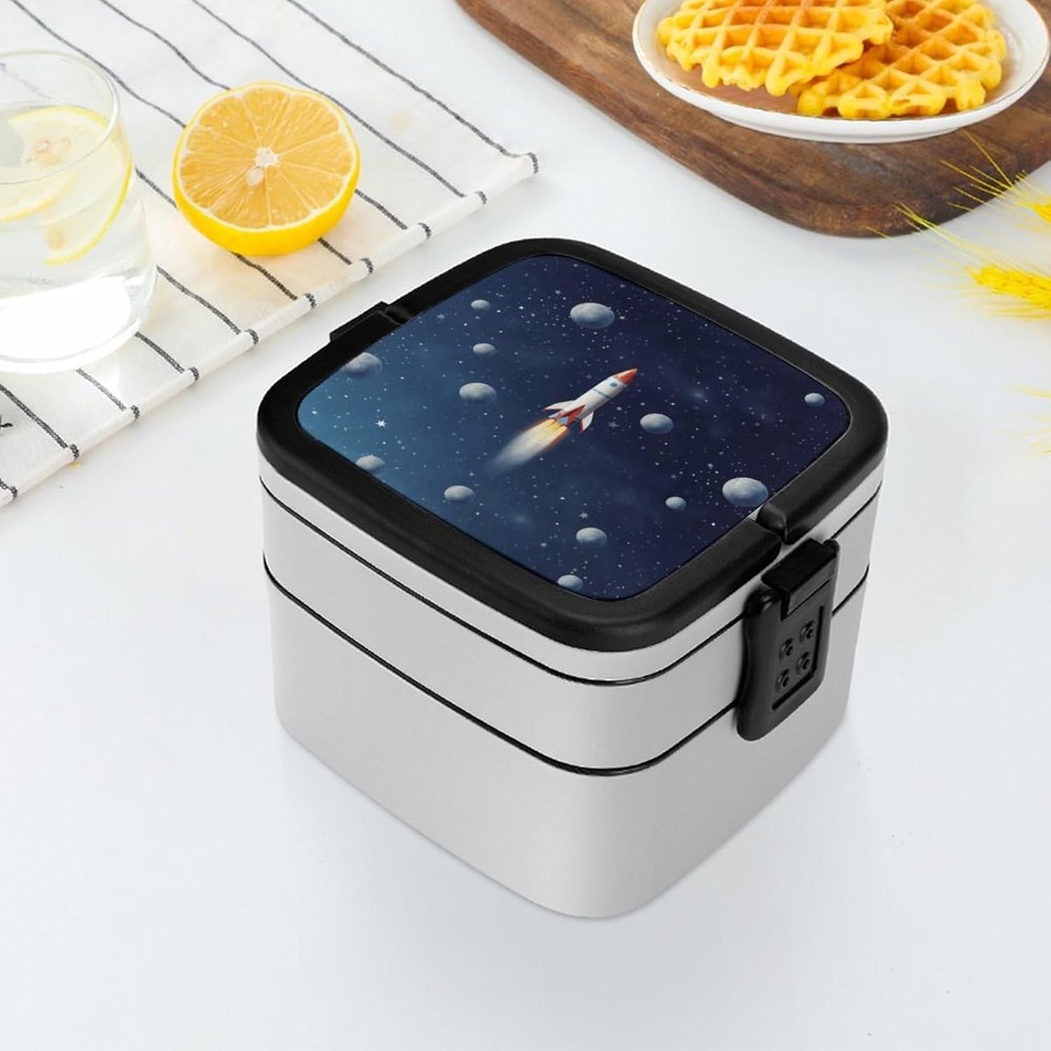MUSM Rocket in Space Bento Box，Airtight Leak-resistant And Reusable Lunch Box，Portable Stackable 2 Compartment Lunch Container for Adult Work And Travel