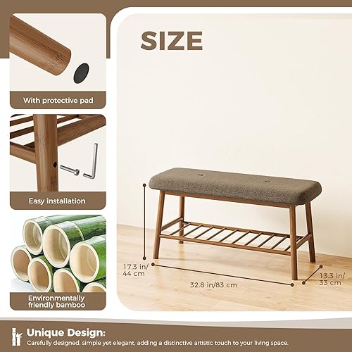 Miniatura 2 de Bamworld Banco de zapatos para entrada, banco de bambú de 2 niveles con bancos de almacenamiento de cojines para dormitorio, sala de estar, interior