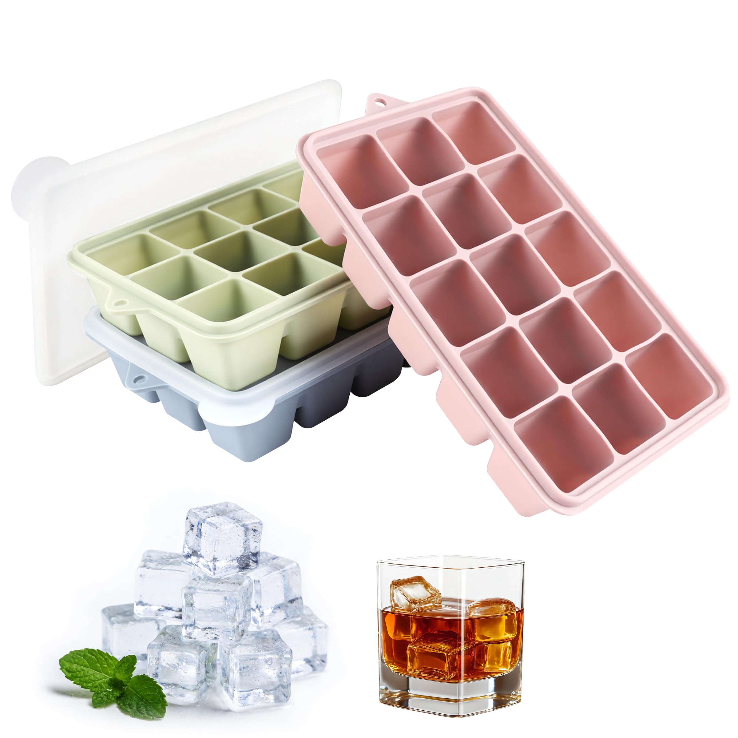 3Pcs Ice Cube Tray with Lid, Large Reusable Silicone Ice Cube Moulds