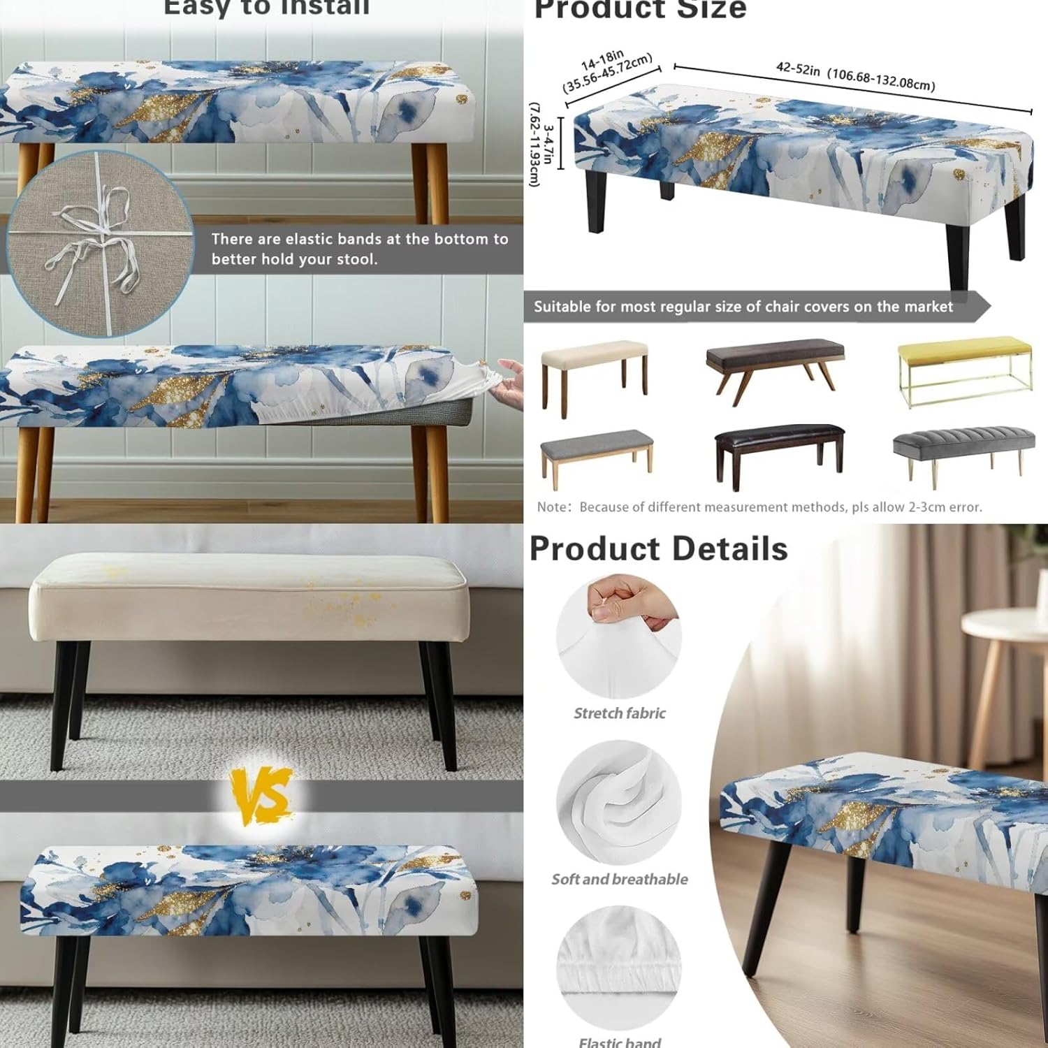 Blue Flower Crease-Resistant Dining Chair Slip Covers Set of 4 with Bench Cushion Cover for Home Decor Soft Chair Slipcovers with Elastic Bottom for Women Wife