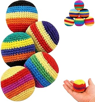 Hand-Made Knitted Footbag Sack Set, Handwoven Crochet Foot Bag for Juggling and Toss Games, Multicoloured Soft Cotton Kick Sack, Ideal Party Favors and Gift
