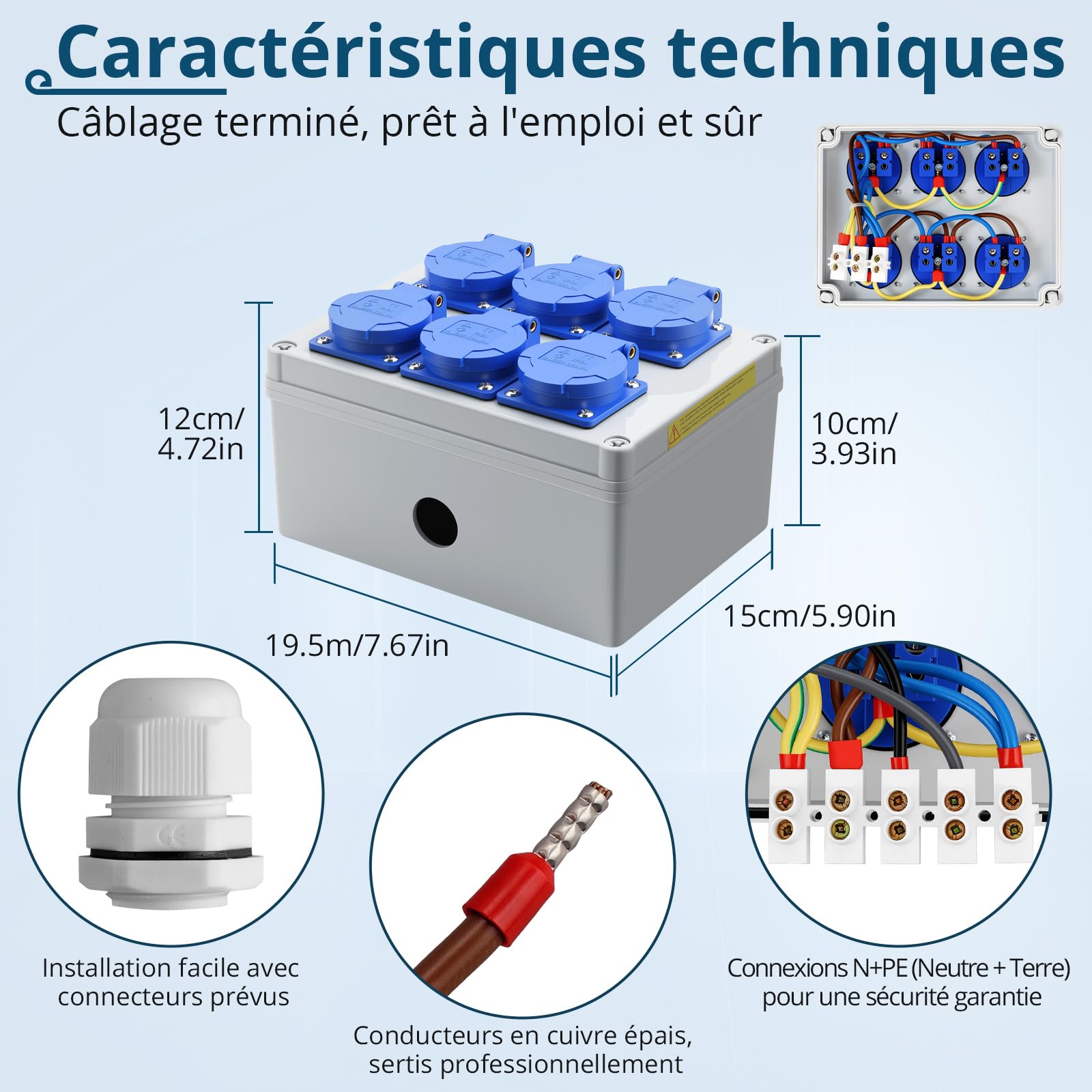 Distributeur d'alimentation mural 6 prises 16A 220V IP54, répartiteur de courant étanche pour usage intérieur et extérieur, idéal pour chantier, atelier et garage
