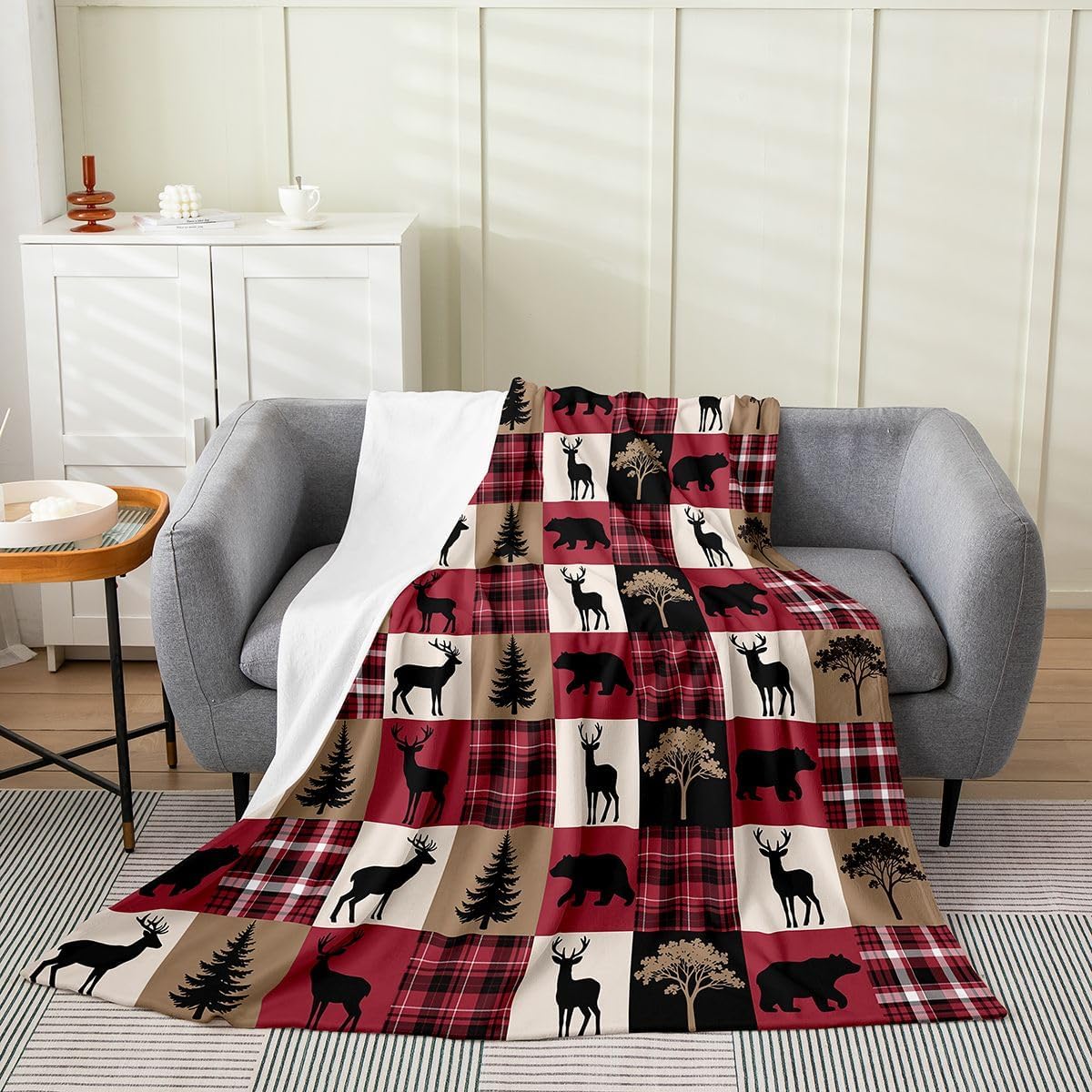 Castle Fairy Deer Pine Tree Fleece Blanket,Green Brown Plaid Stripe Throw Blanket for Kids,Rustic Farmhouse Christmas Xmas Lightweight Blanket for Sofa, Queen (90 x 90 Inch)