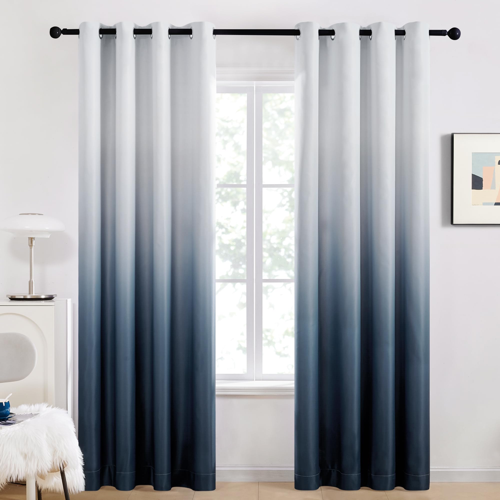 Deconovo Blackout Curtains, Super Soft Thermal Insulated Panels, Noise Redudcing Bedroom Eyelet Curtains for Living Room, 52 x 72 Inch, White and Dusty Blue, 2 Panels
