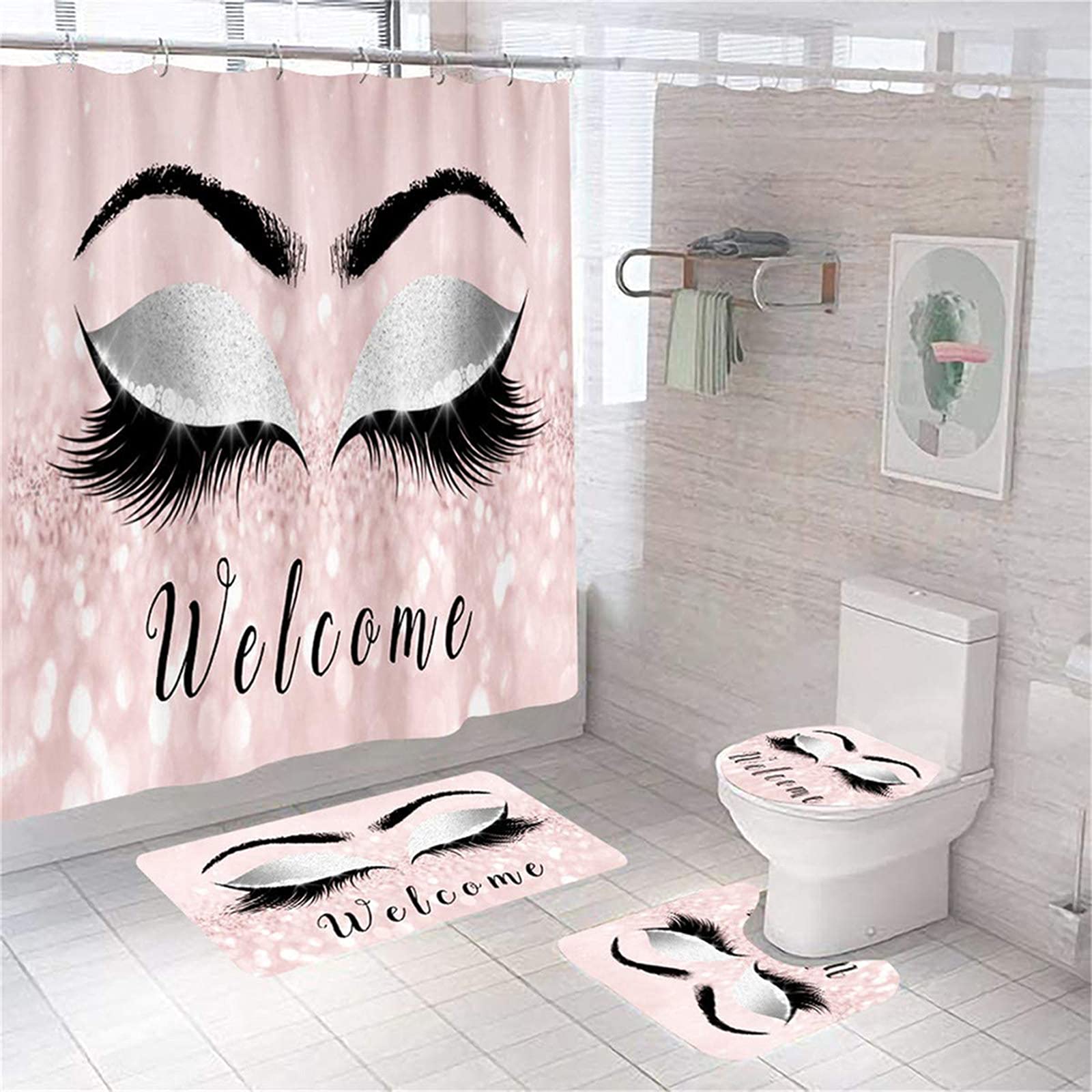 Rideau de douche 4 pièces pour fille avec tapis assortis et 12 crochets pour salle de bain