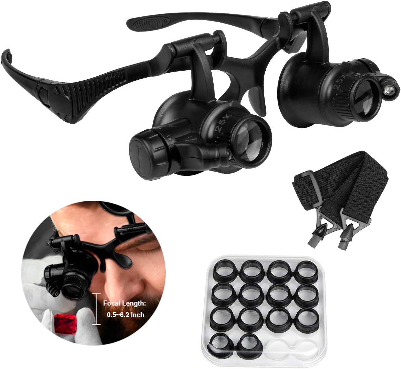Qooltek Bracket/Headband Magnifying Glass Jewelry Clock Repair Loupe with 2 LED Lights and 8 Interchangeable Lens 2.5X 4X 6X 8X 10X 15X 20X 25X for 0.5-6.2 Inch Focal Length (New Upgraded Version)