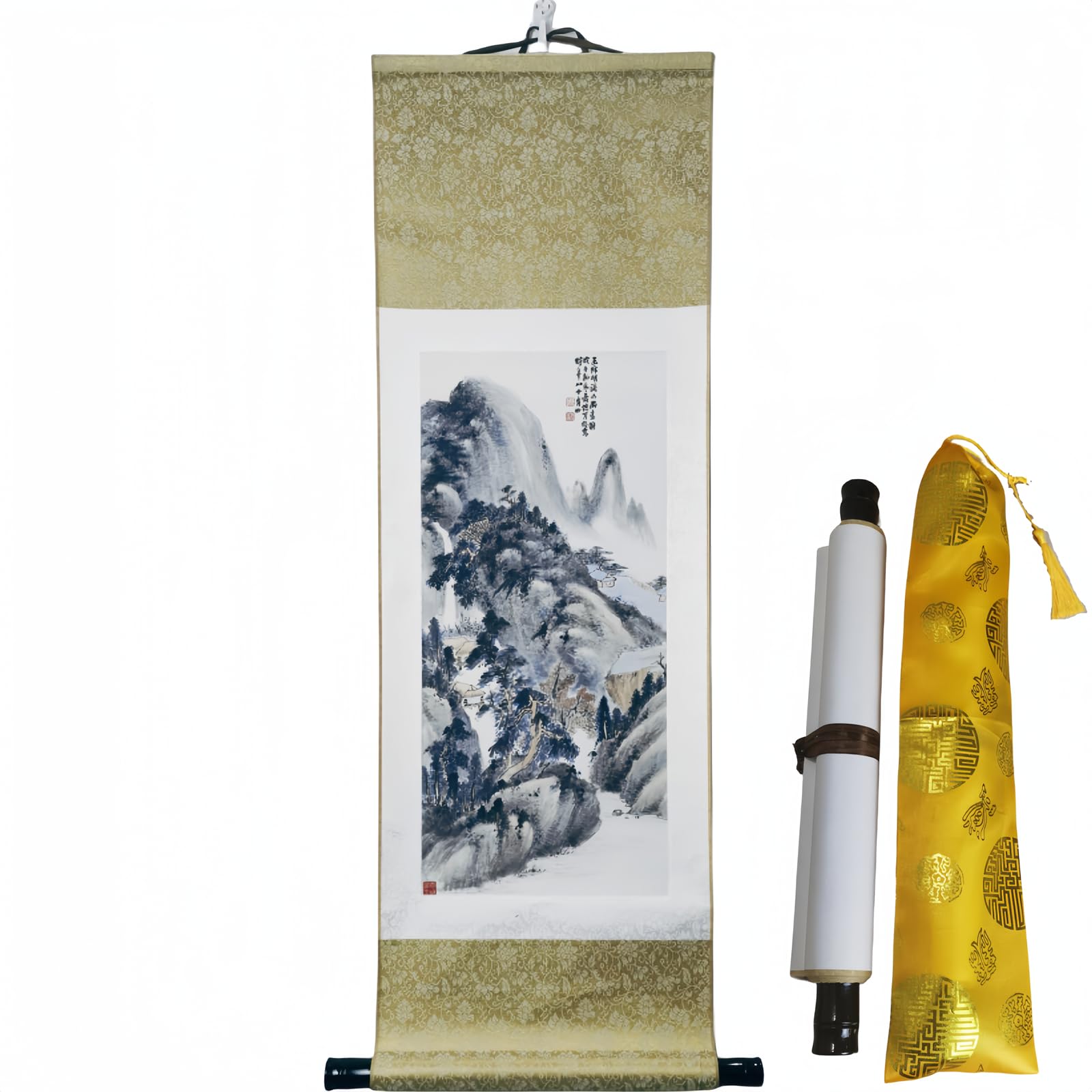MELLAQUEST Asian Art Wall Hanging Painting Decor – Mountain River Scene -Landscape-Oriental Japanese Chinese Traditional Silk Wall Scrolls-(15x37in)