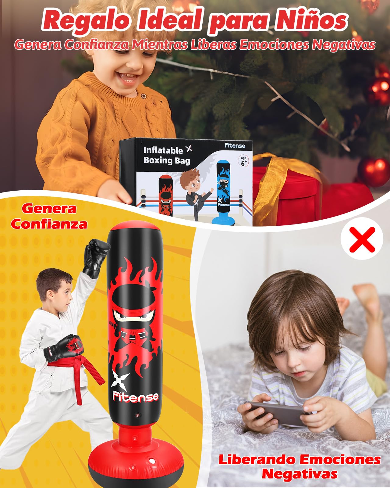 Fitense Saco de Boxeo Niños, 160cm Boxeo Saco Inflable con Guantes y Bomba, Punching Ball Estable para Niños y Niñas, Set Regalo Saco de Boxeo de Pie para Práctica de Karate, Taekwondo, MMA,Rojo Ninja