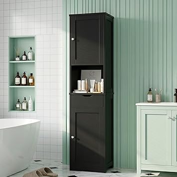 Vongrasig Tall Bathroom Storage Cabinet, 64H Narrow Storage Unit for Small Spaces, Freestanding Modern Cabinet with Adjustable Shelves for Bathroom, Living Room, Black