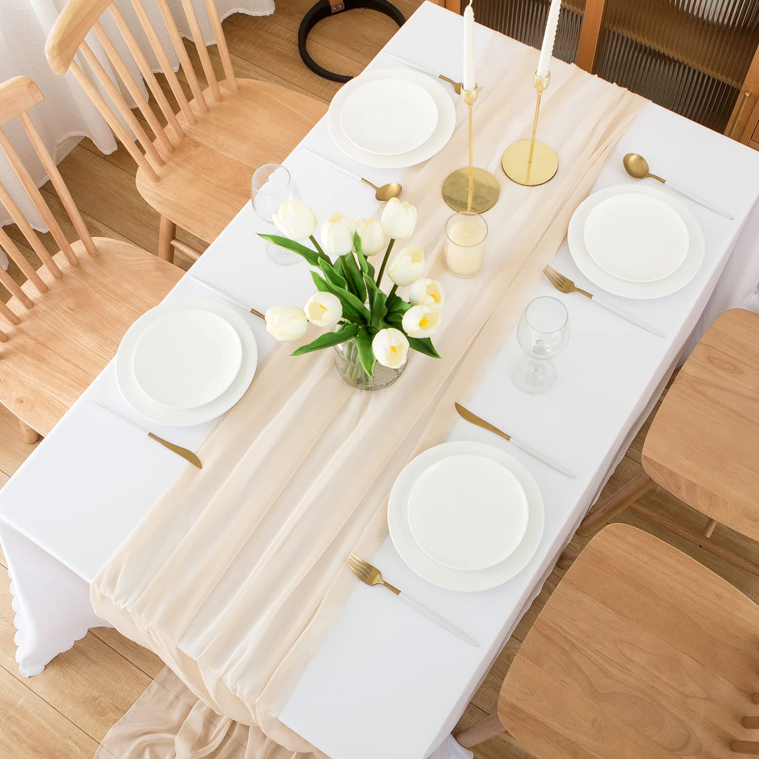 CHUQING Runner da Tavolo in Chiffon in Beige Naturale, Sottile, per Compleanni, Matrimoni, 70 x 300 cm, Champagne