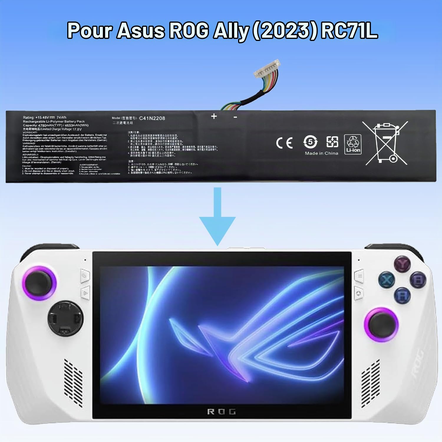 XITAIAN 15.48V 74Wh 4780mAh C41N2208 Remplacement Batterie pour ASUS ROG Ally (2023) RC71L